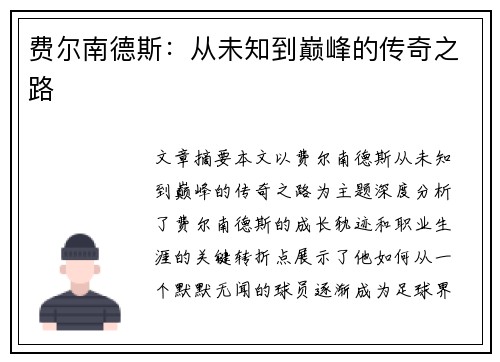 费尔南德斯:从未知到巅峰的传奇之路